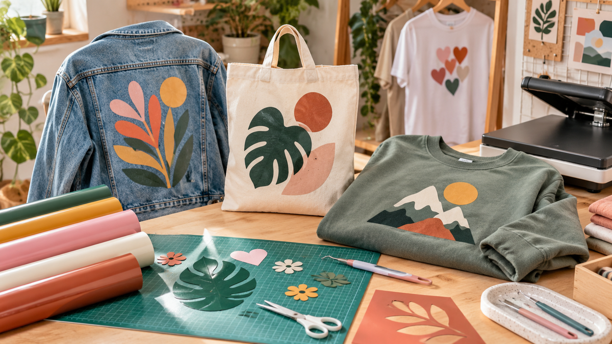 Atelier créatif d’upcycling textile avec veste en jean, tote bag et sweat personnalisés en flex thermocollant